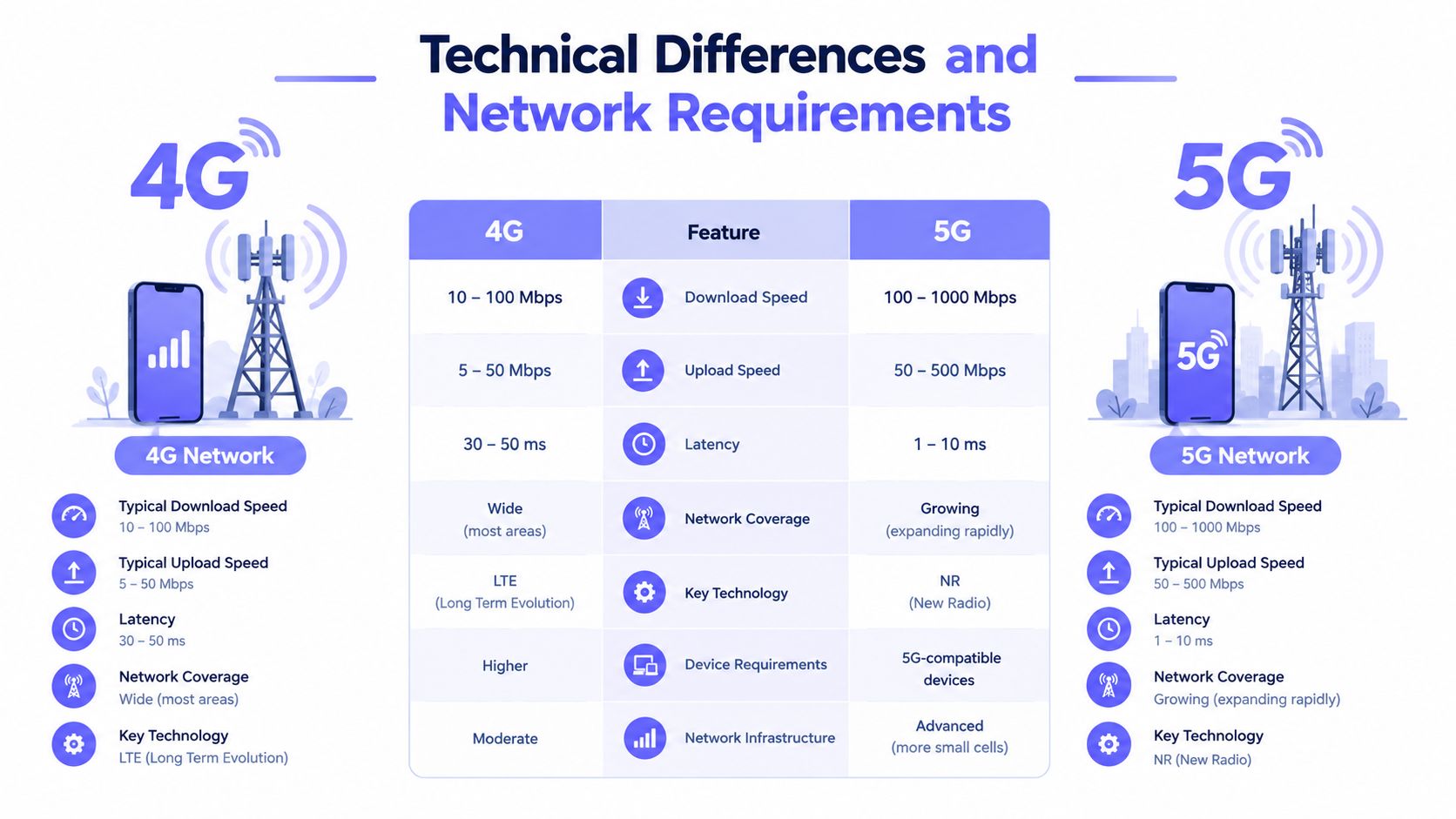 A comparison chart showing technical differences and network requirements between 4G and 5G cellular communication technologies.