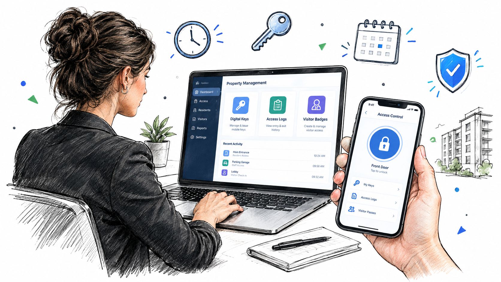 A professional property manager uses a laptop and smartphone to remotely manage access control for a building.
