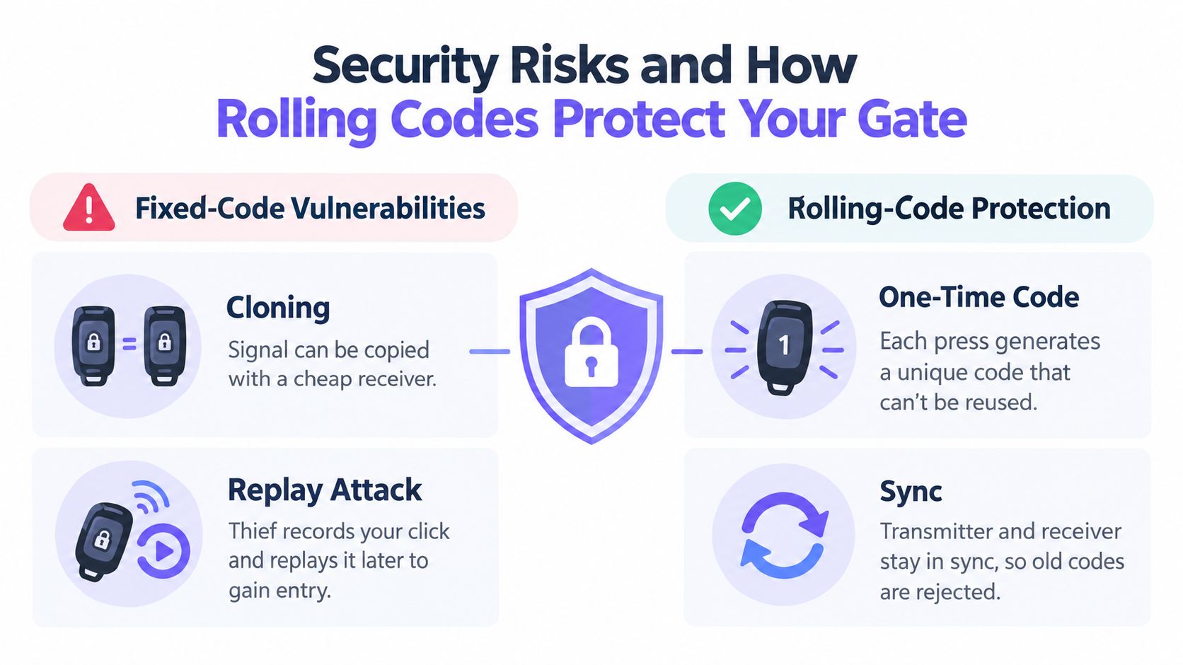 An infographic comparing fixed-code vulnerabilities to rolling-code security protection features for remote control gate systems.