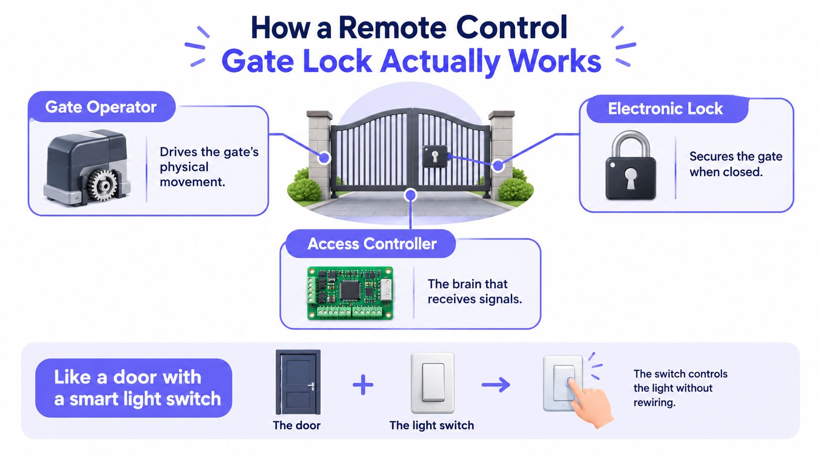 An infographic illustrating how a remote control gate lock system works with its core components and analogy.