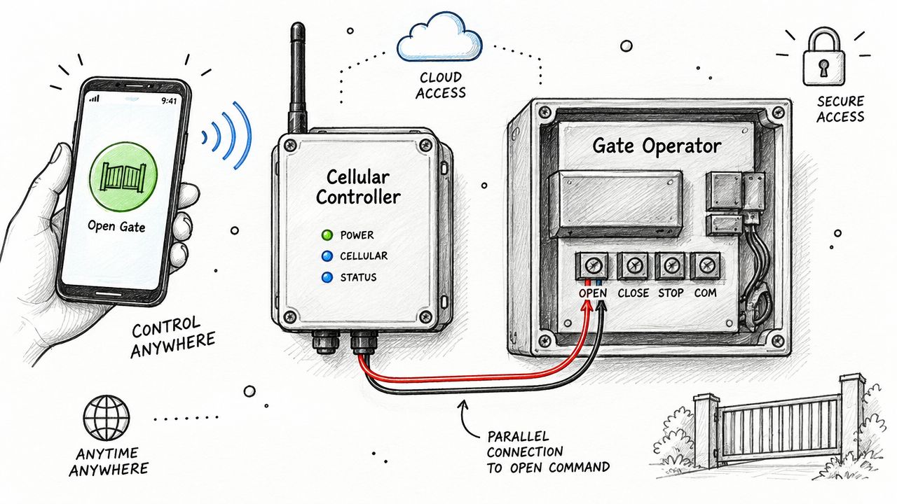 A hand holds a smartphone controlling a cellular gate controller connected to a gate operator system.