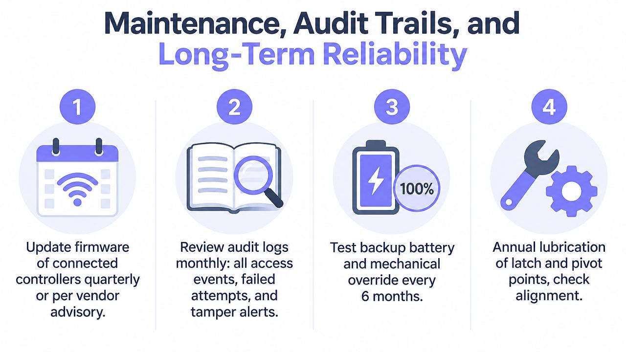 An infographic showing four steps for maintaining security gate locks, including firmware updates and mechanical checks.