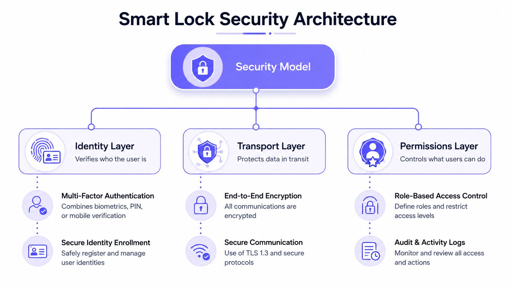 A diagram illustrating the three layers of a smart lock security architecture: identity, transport, and permissions.