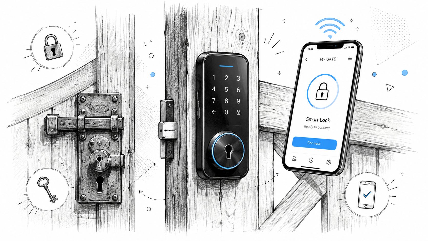 A conceptual sketch showing a traditional wooden gate latch transitioning to a modern smart lock system.