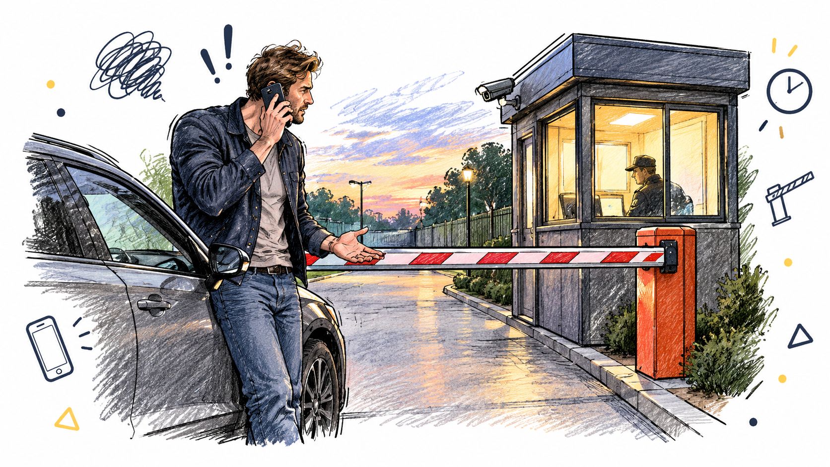A frustrated driver talks on his phone while waiting at a security gate barrier with a guard.