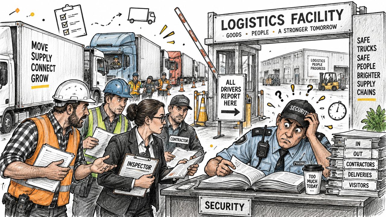 A stressed security guard at a busy logistics facility struggling with excessive paperwork and paperwork management.