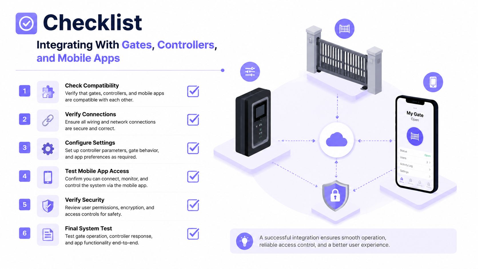 A six-step checklist infographic for integrating gate controllers with mobile app security systems and access control.