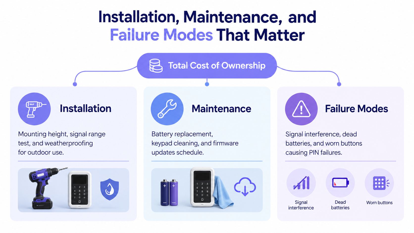 An infographic showing the total cost of ownership for a wireless access control keypad including installation, maintenance, and failures.
