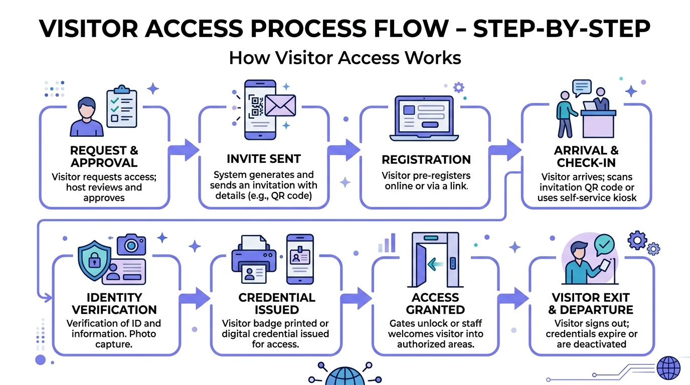 A step-by-step diagram illustrating the automated visitor access process flow from request and approval to departure.