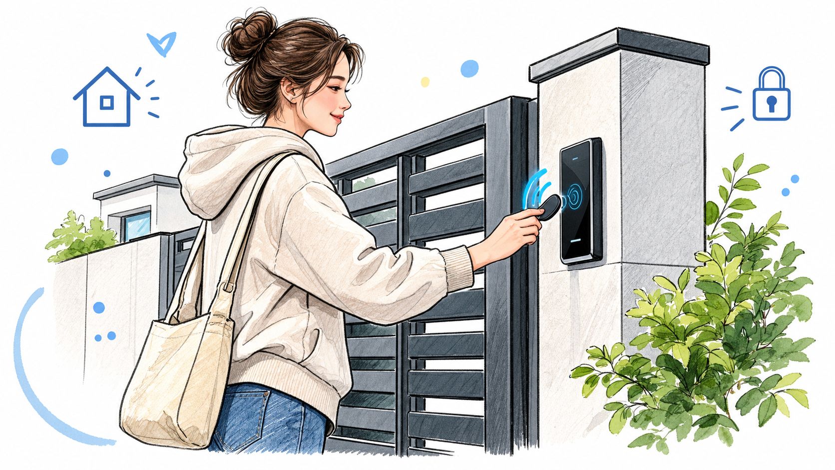 A woman using a digital key fob to unlock an electronic gate access control device