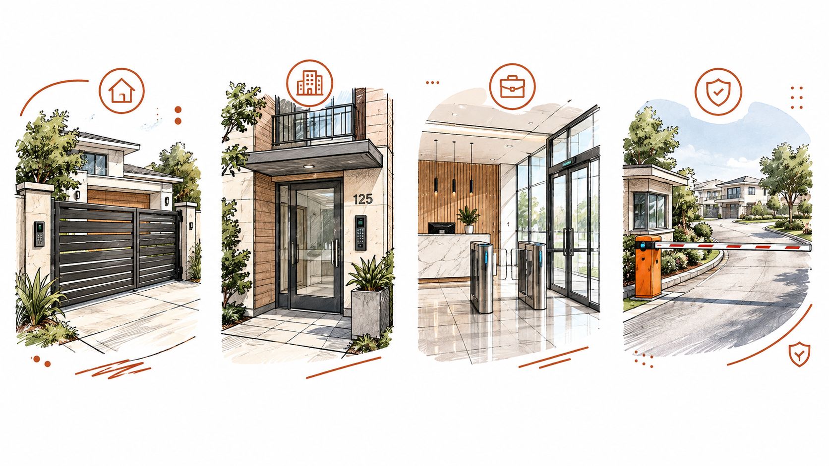 A watercolor-style illustration showcasing various electronic access control devices installed in residential, office, and gated community settings.