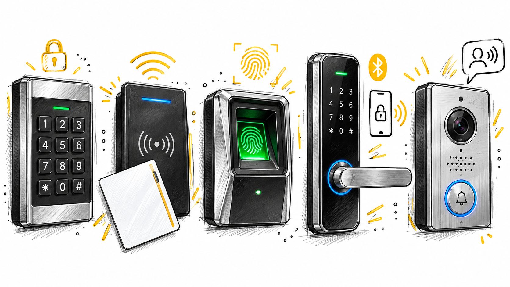 An illustration showing various smart access control devices, including keypad, RFID, fingerprint, door lock, and intercom systems.