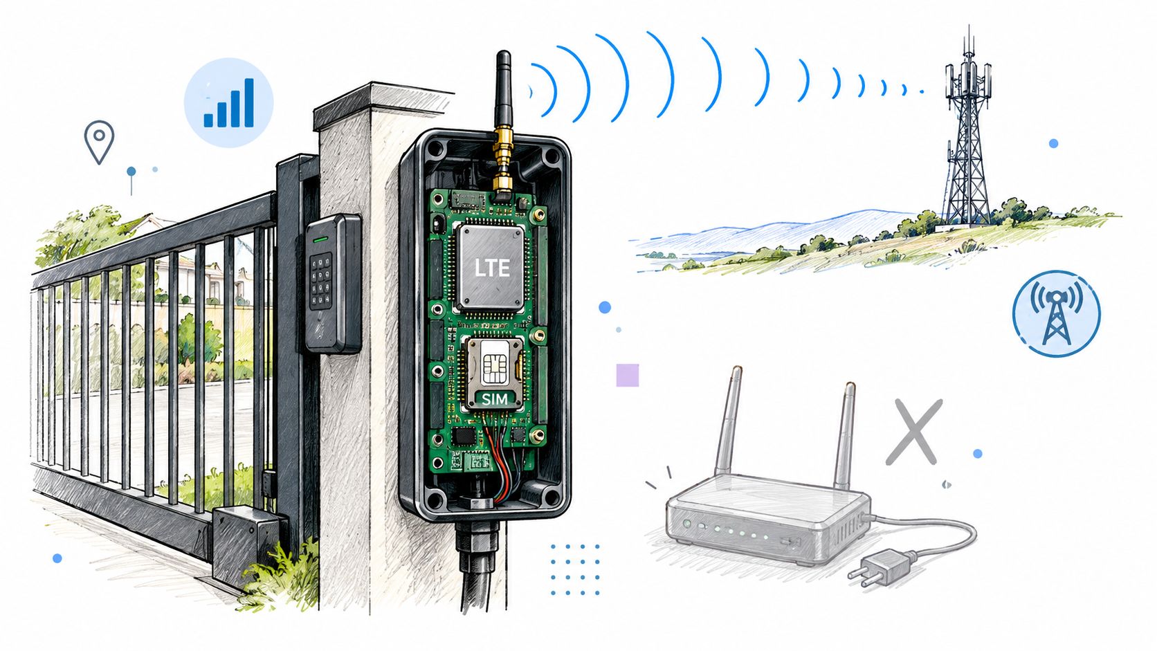 A diagram illustrating a cellular-based gate access control system connected to a tower, replacing traditional routers.