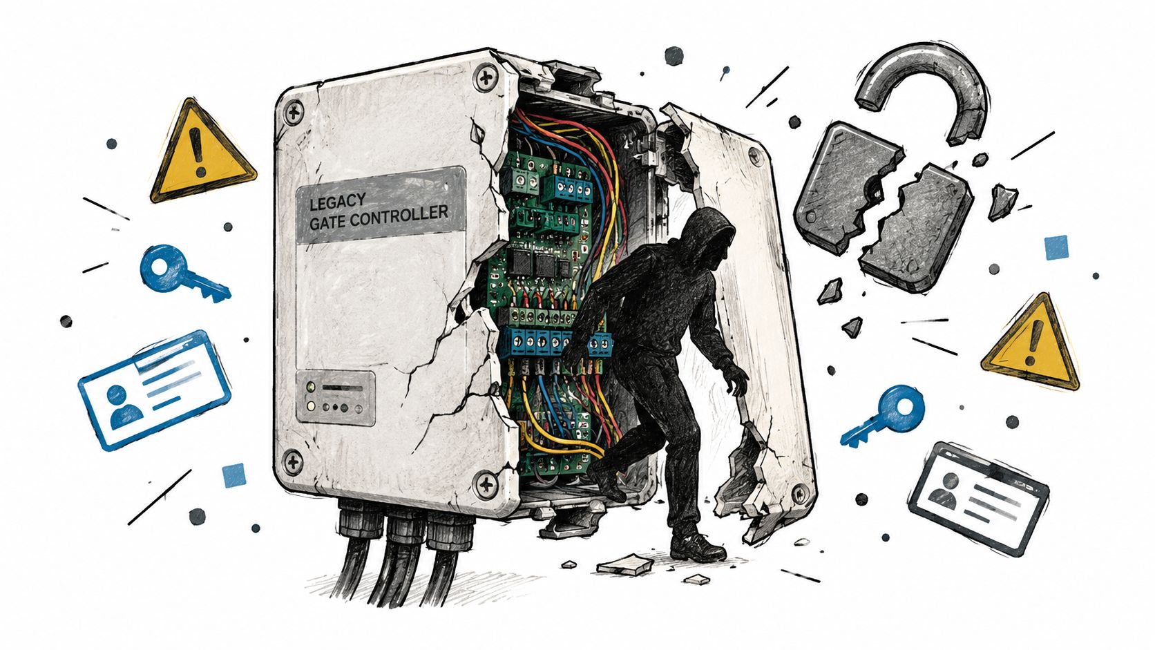 A hoodie-wearing hacker breaking into a damaged legacy gate controller box, illustrating unauthorized physical access.