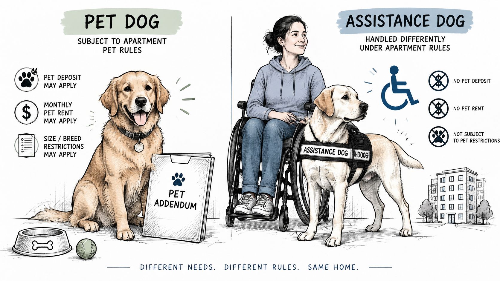 An infographic comparing apartment rules for a regular pet dog versus a certified assistance dog.