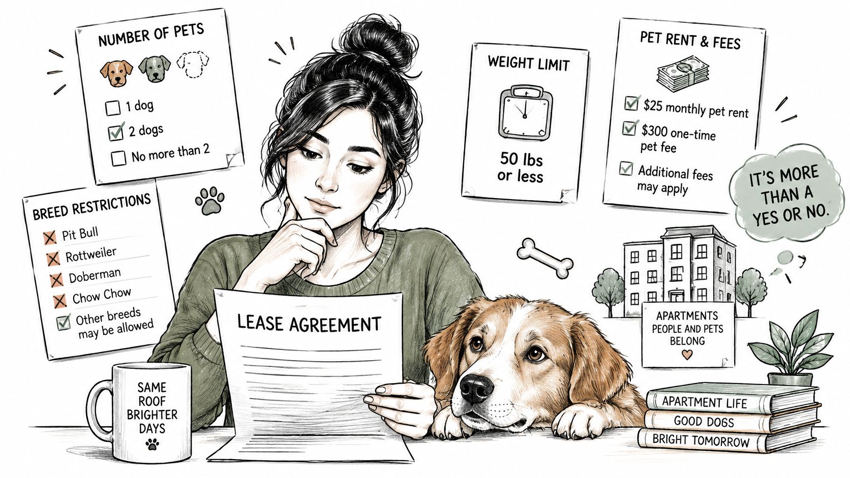 A woman reviewing a lease agreement alongside her dog, considering pet policies for rental apartments.