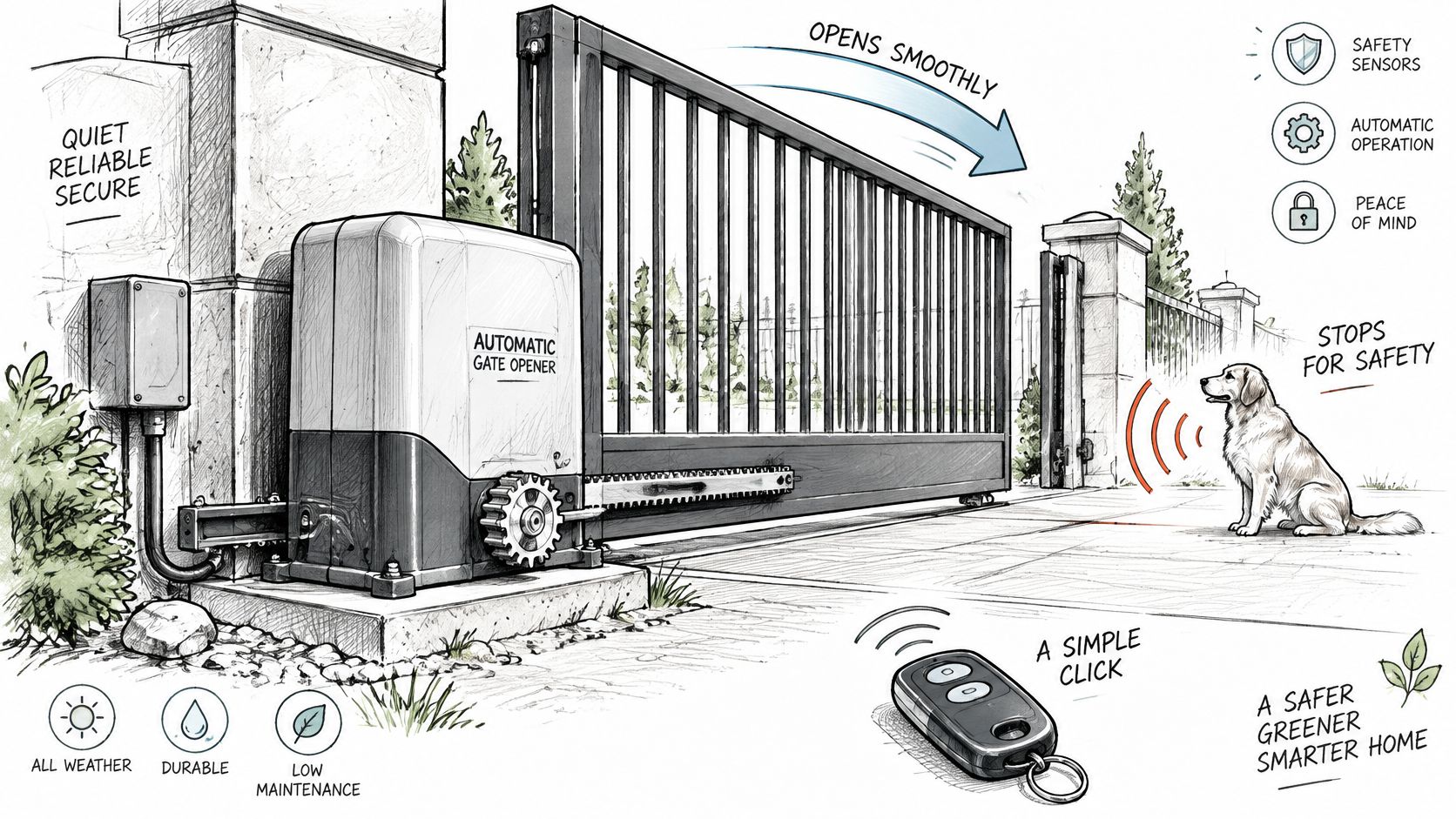 A detailed illustration of an automatic driveway gate opener mechanism with safety features and a remote control.