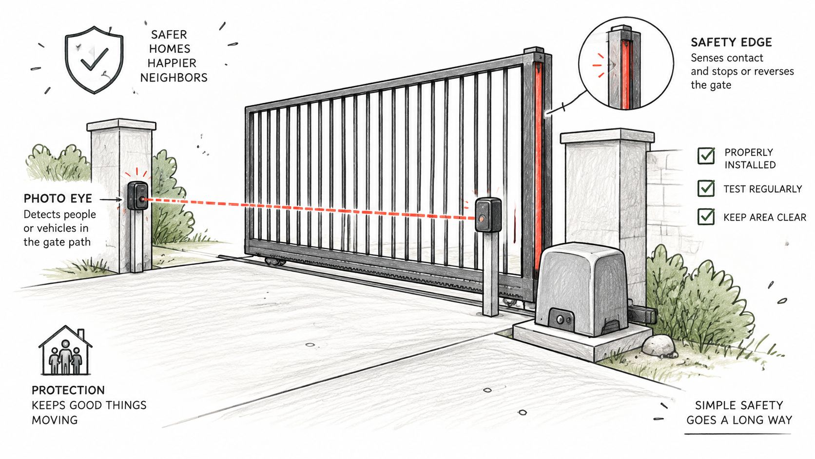 A diagram illustrating safety features for an automatic driveway gate, including photo eye sensors and safety edges.