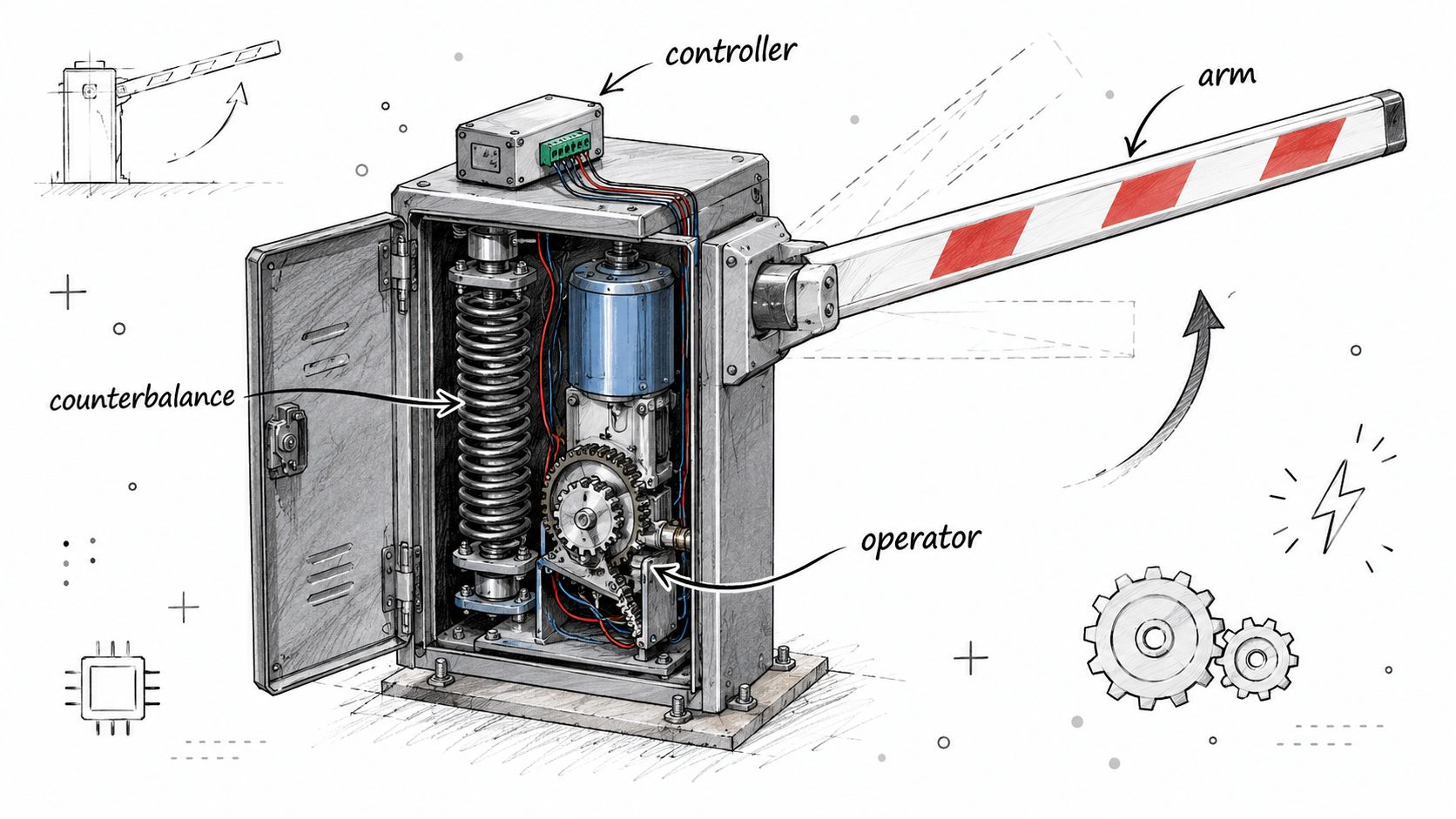 A detailed technical illustration of an open automatic barrier gate system showing internal mechanical components.