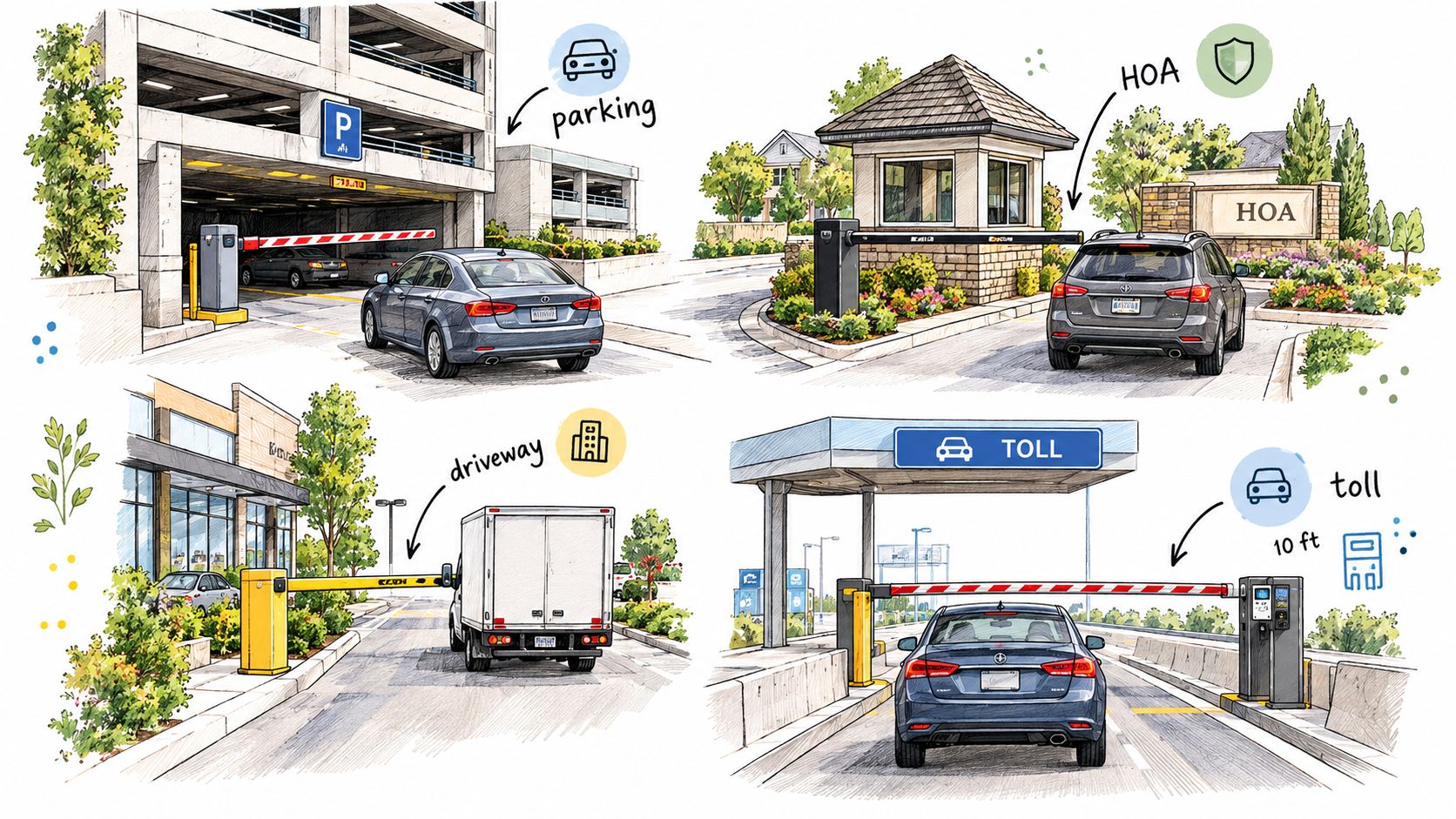 Four separate scenes showcasing various automated vehicle barrier gate arms installed at parking, residential, and toll entryways.