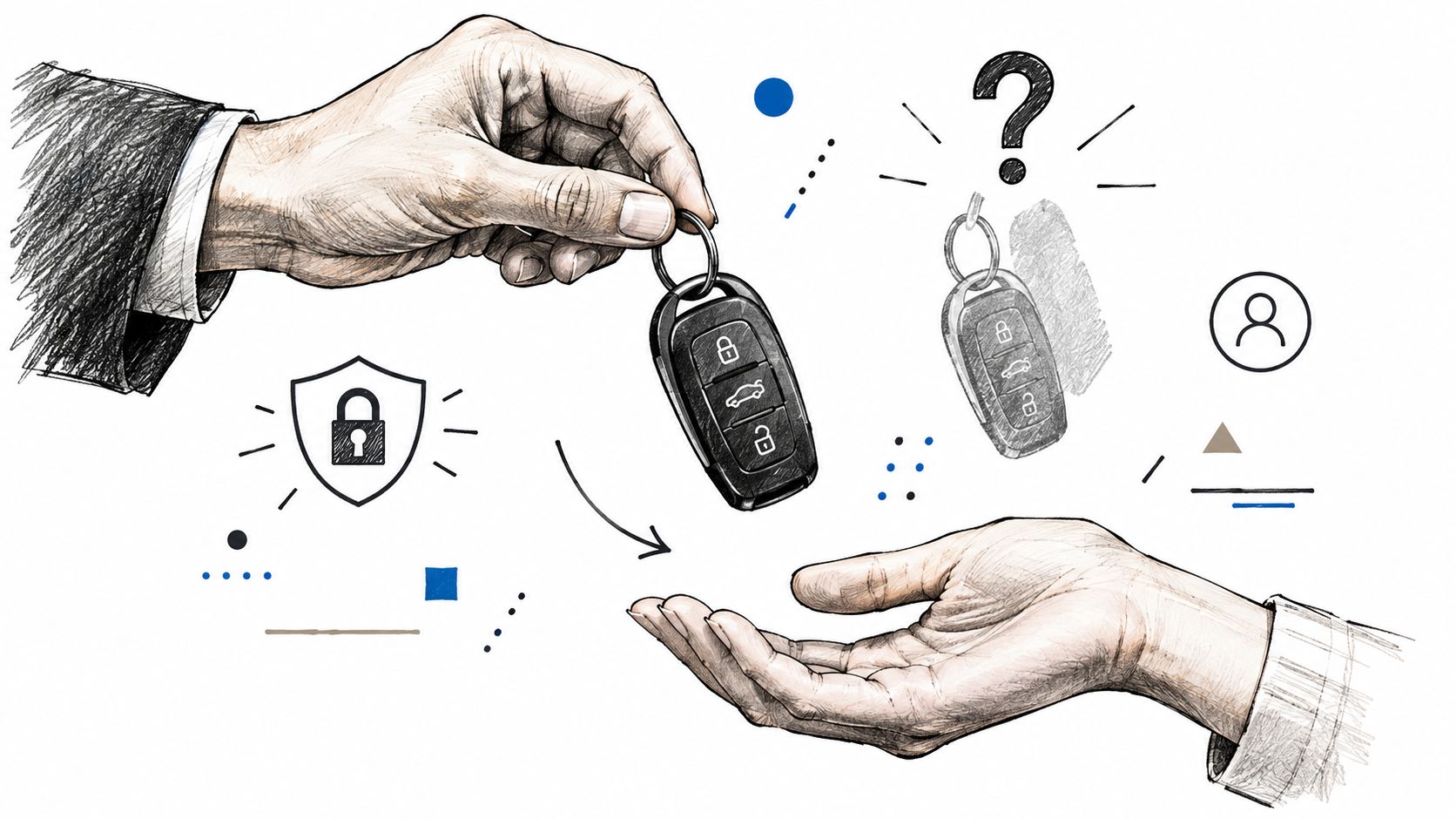 A hand handing a car key fob to another person, symbolizing secure vehicle access and key transfer.