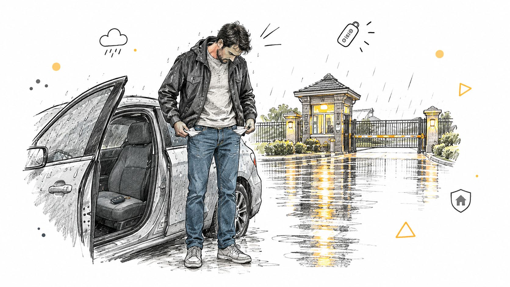 A man stands in the rain next to his car, looking distressed because his keys are locked inside.