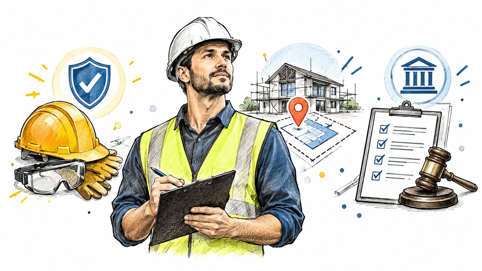 A construction inspector in a hard hat and safety vest holding a clipboard with construction blueprints nearby.