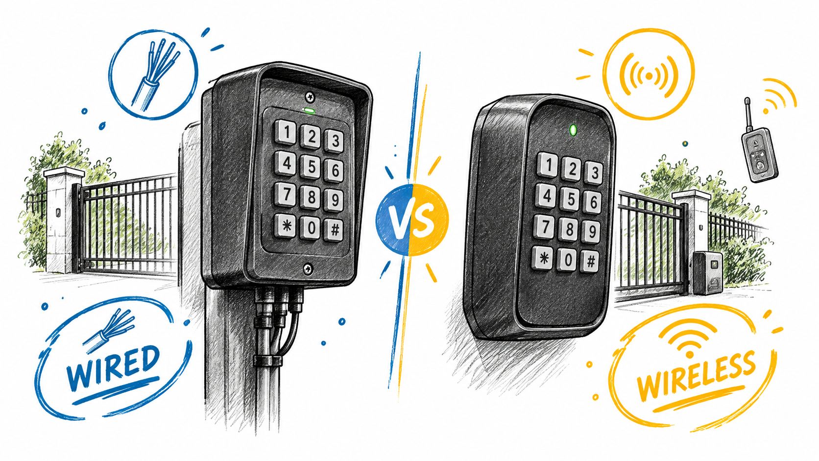A split illustration comparing a wired electric gate keypad with a wireless electric gate keypad system.