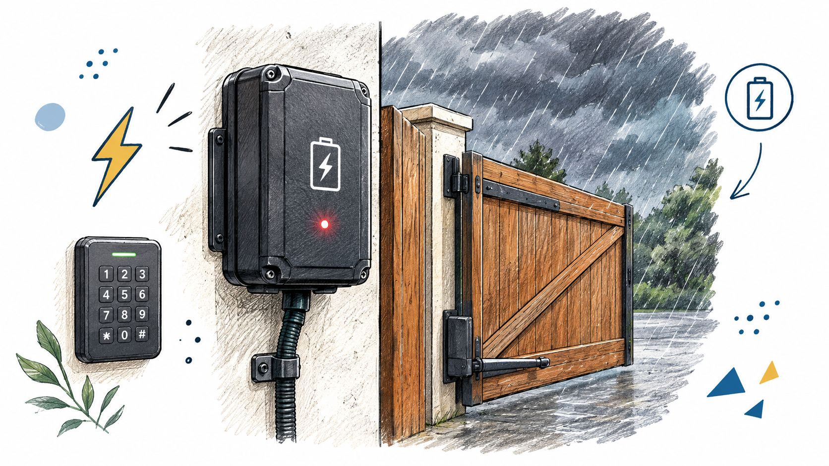 An outdoor security gate motor with a battery backup system mounted on a wall in the rain.