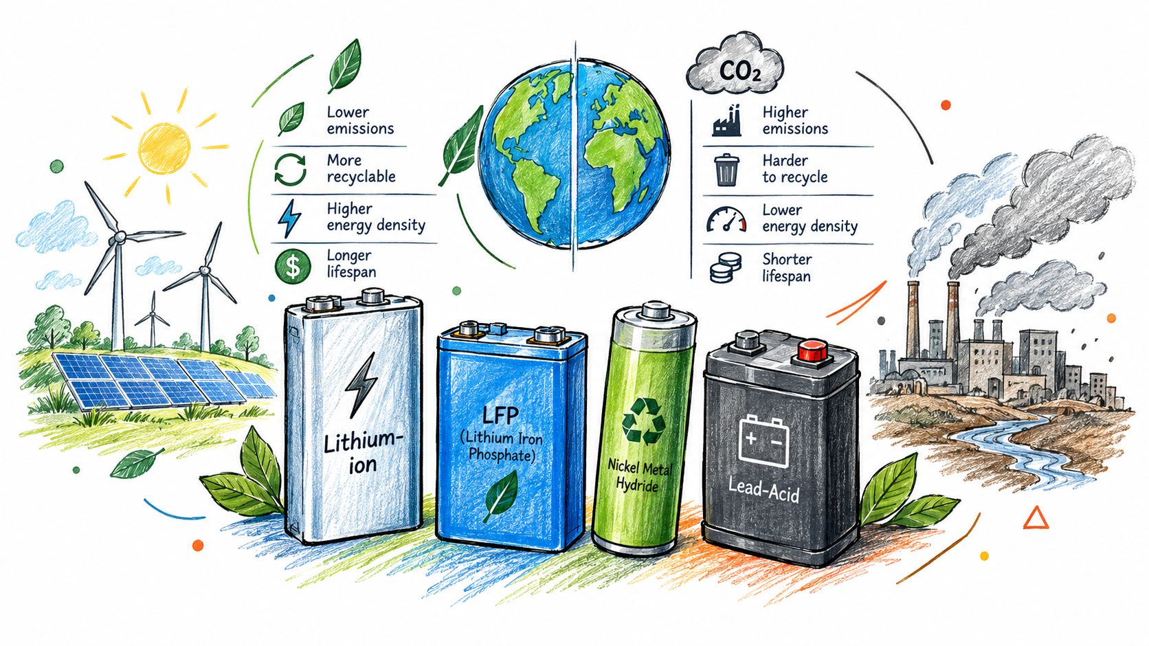 A diagram comparing eco-friendly battery types and sustainable energy against traditional pollution sources and battery technologies.