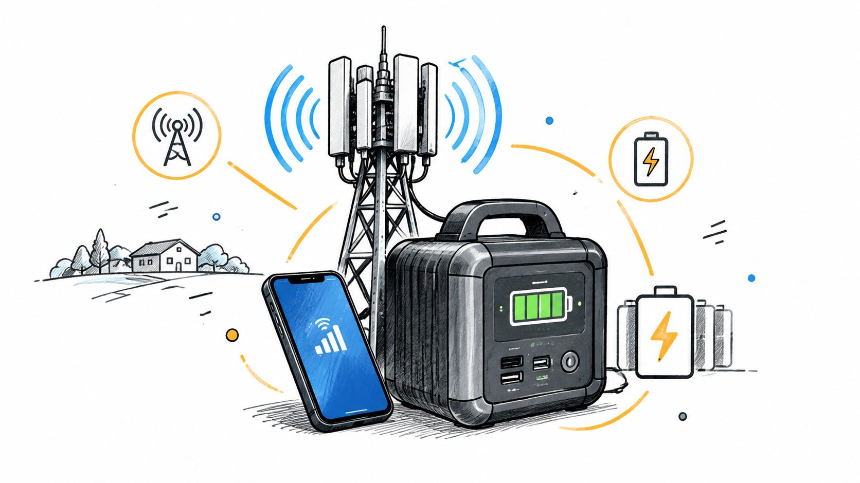 A portable power station charging a cell phone next to a cellular transmission tower in a sketch style.