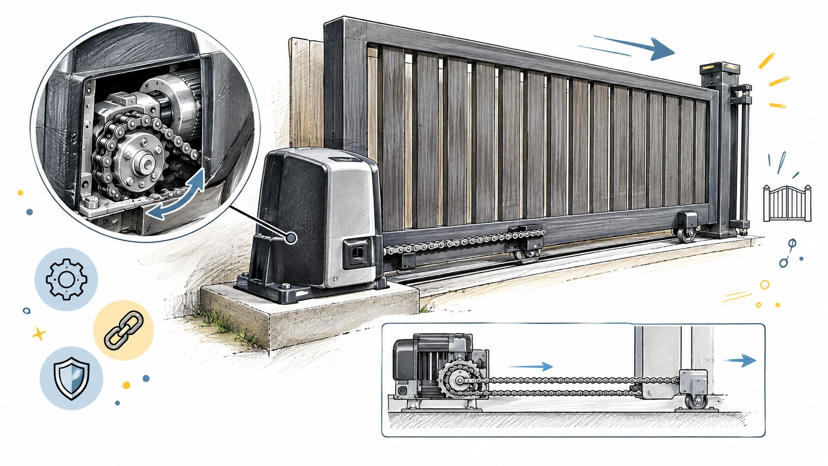 A diagram of an automatic sliding gate opener system showing the motor, chain drive, and mechanism.