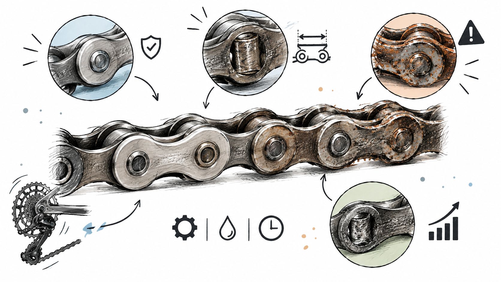 A detailed illustration showing a bicycle chain, highlighting stages from clean maintenance to wear and corrosion.