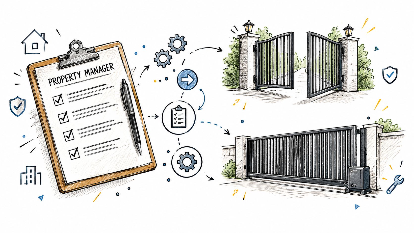 An illustrative property manager clipboard with a checklist connecting to different types of automatic gate systems.
