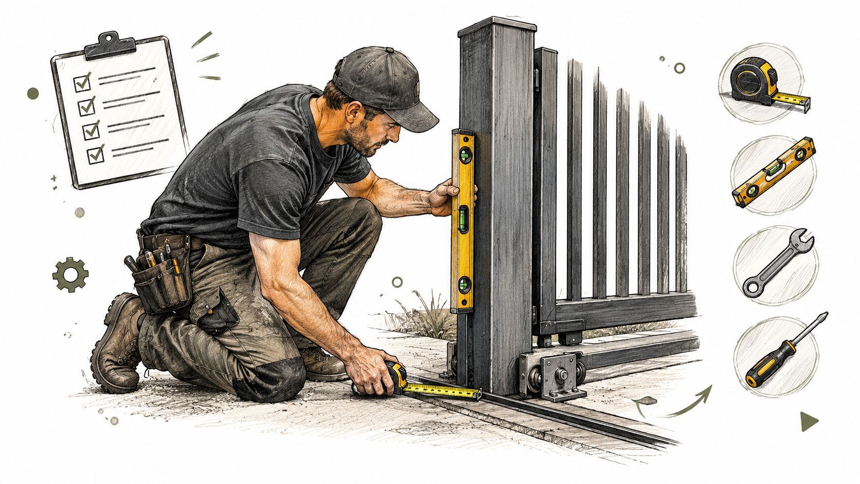 A professional construction worker installing a sliding gate mechanism while using a measuring tape and level