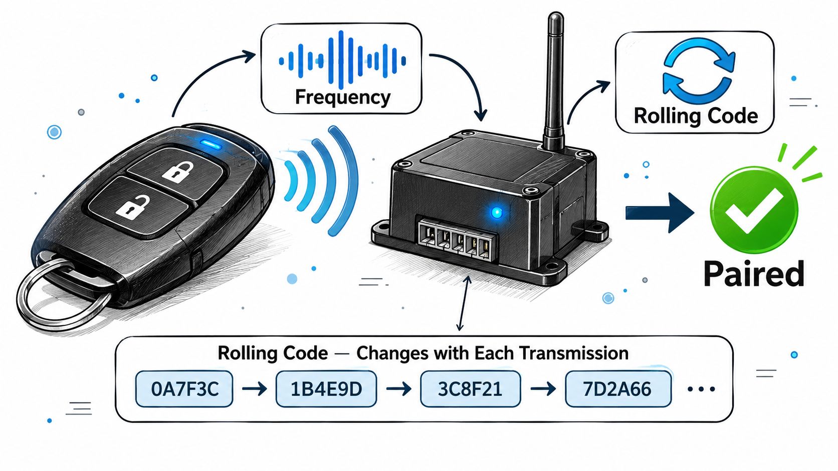 A diagram illustrating how a wireless remote control pairs with a gate receiver using rolling code technology.