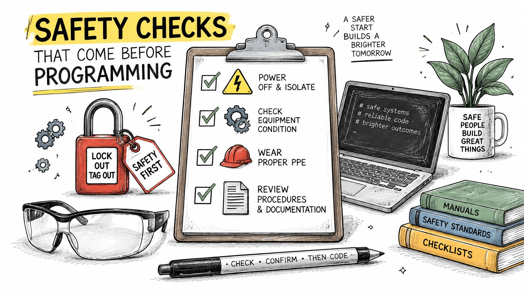 A safety checklist on a clipboard with a lock, safety glasses, laptop, and manuals regarding programming protocols.