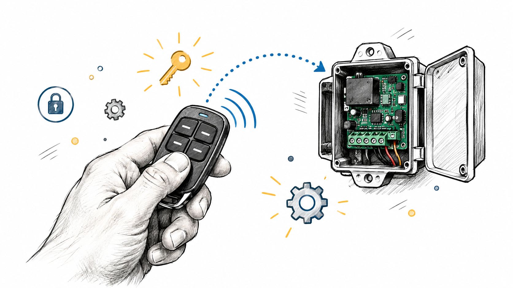 A hand holding a wireless remote control transmitting a signal to an open electronic control box receiver.