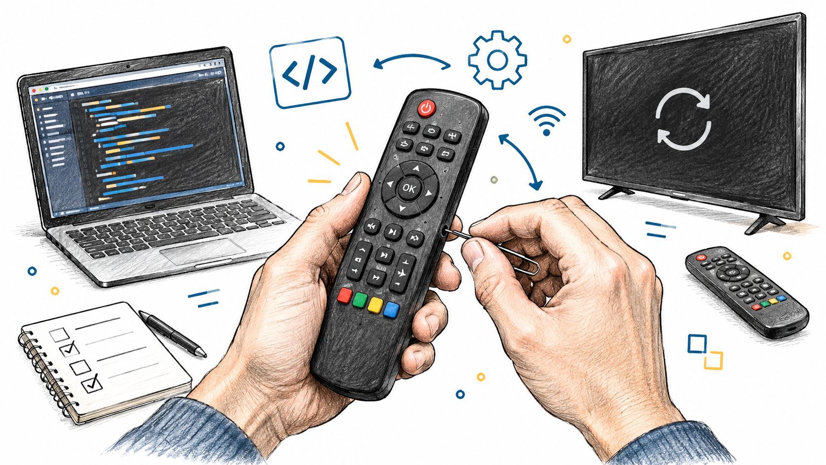 A person using a paperclip to reset a remote control while working on a laptop and television.