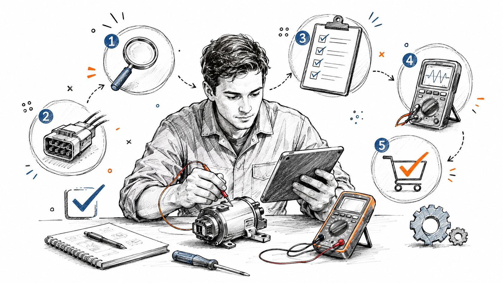 A technician using a multimeter and tablet to inspect an electric motor for gate remote replacement services.