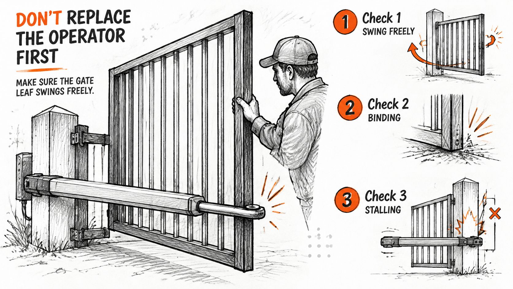A technician checking for gate binding and stalling before replacing a swing gate operator mechanism.