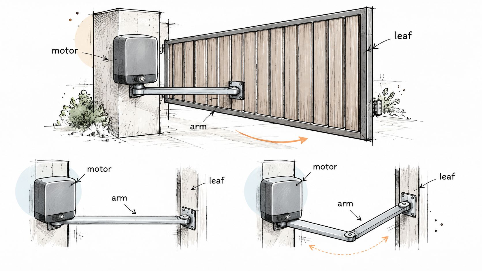 A diagram illustrating the operation of a swing gate motor with a mechanical arm opening the gate.