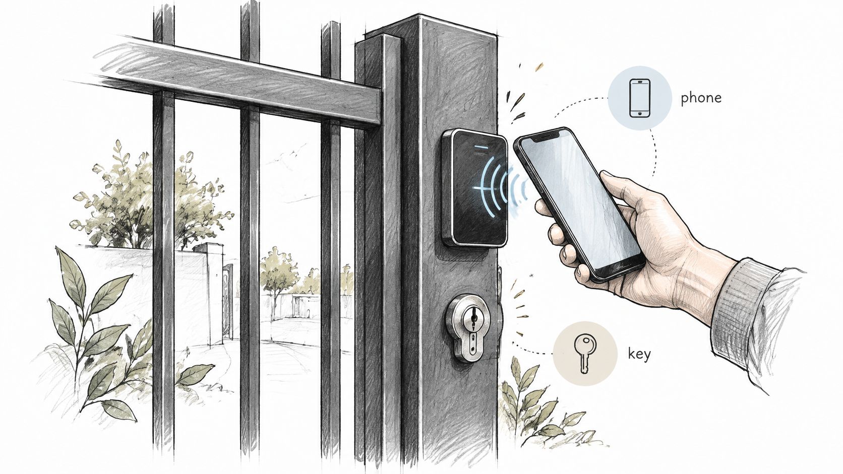 A hand using a smartphone to unlock a security gate alongside a traditional key lock option.