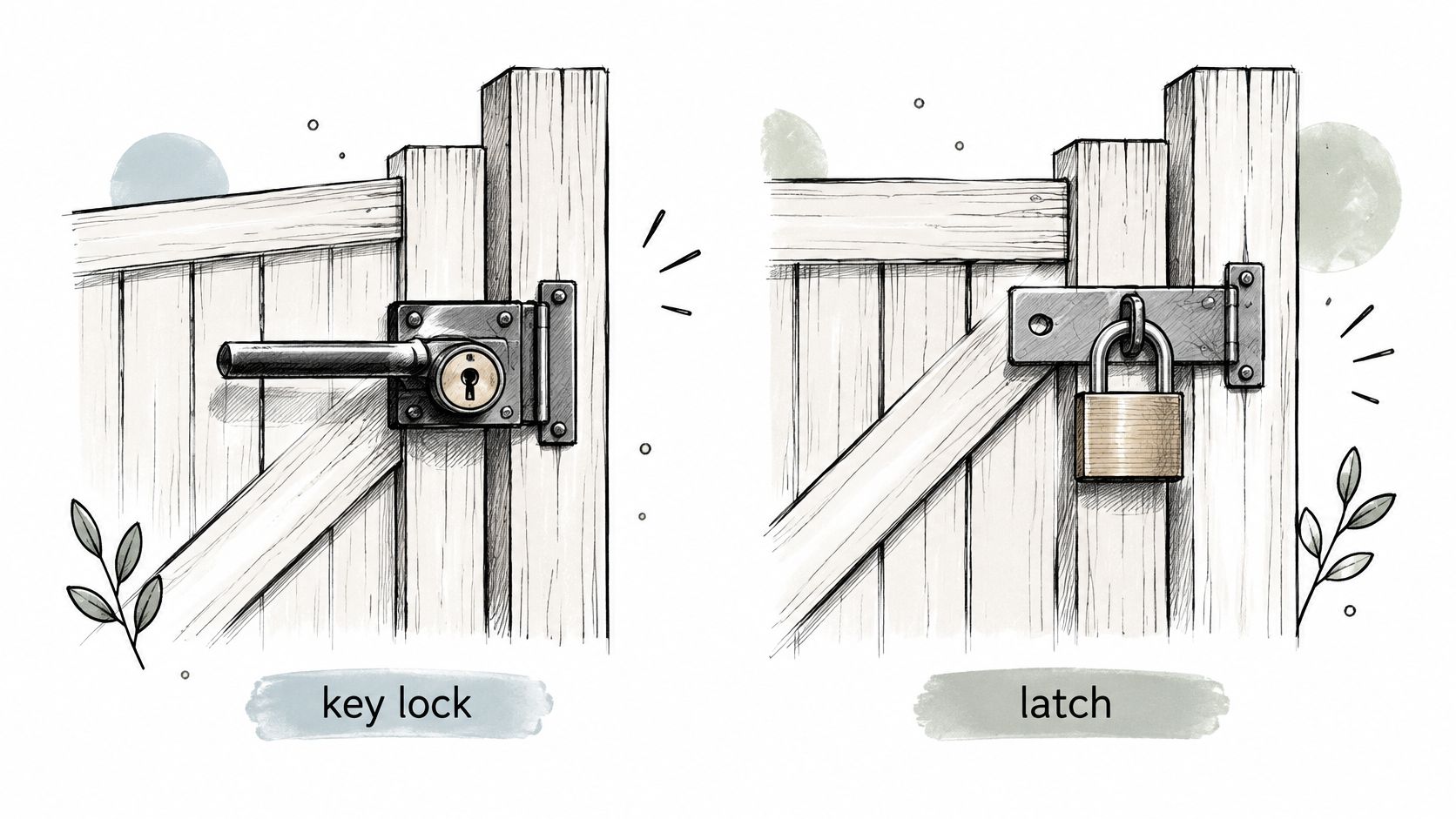 A split image showing a wooden gate secured by a metal key lock versus a padlock latch.