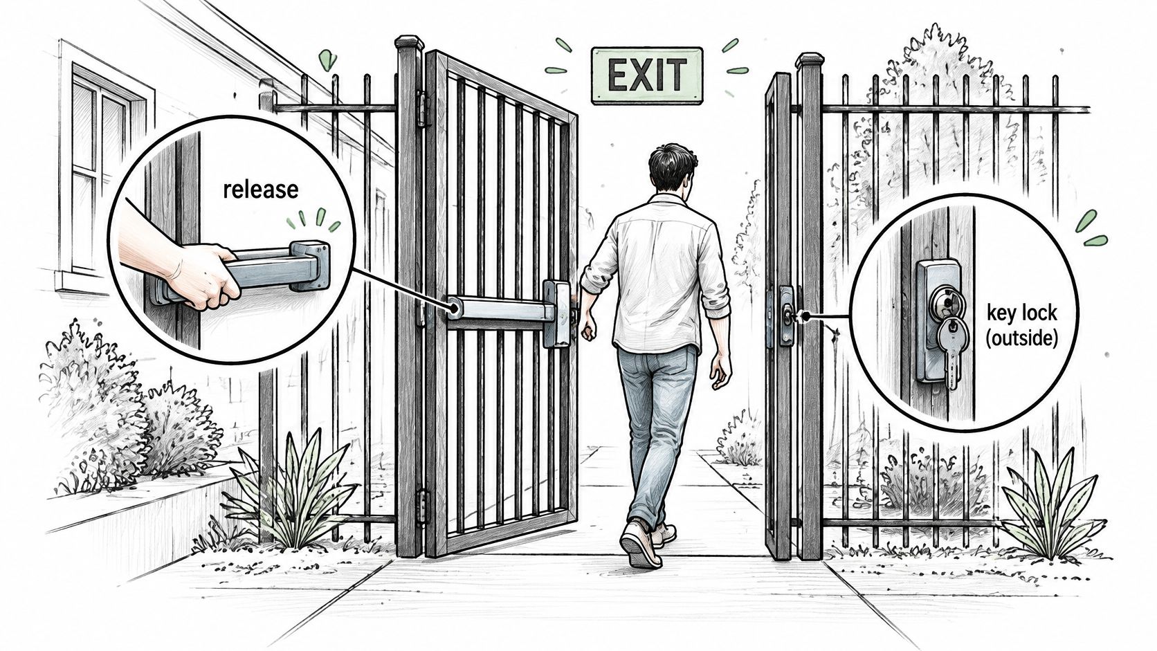 A line drawing illustration showing a person walking through an open metal gate with a push-bar release mechanism.