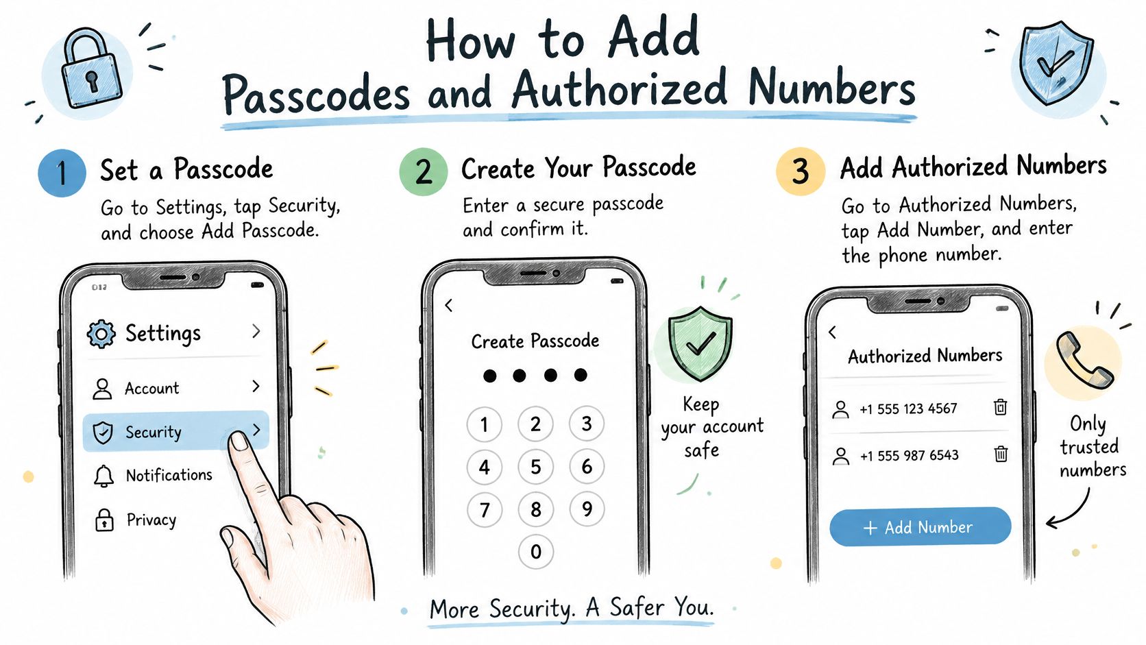 An illustrated guide on how to set a passcode and add authorized numbers for security settings.