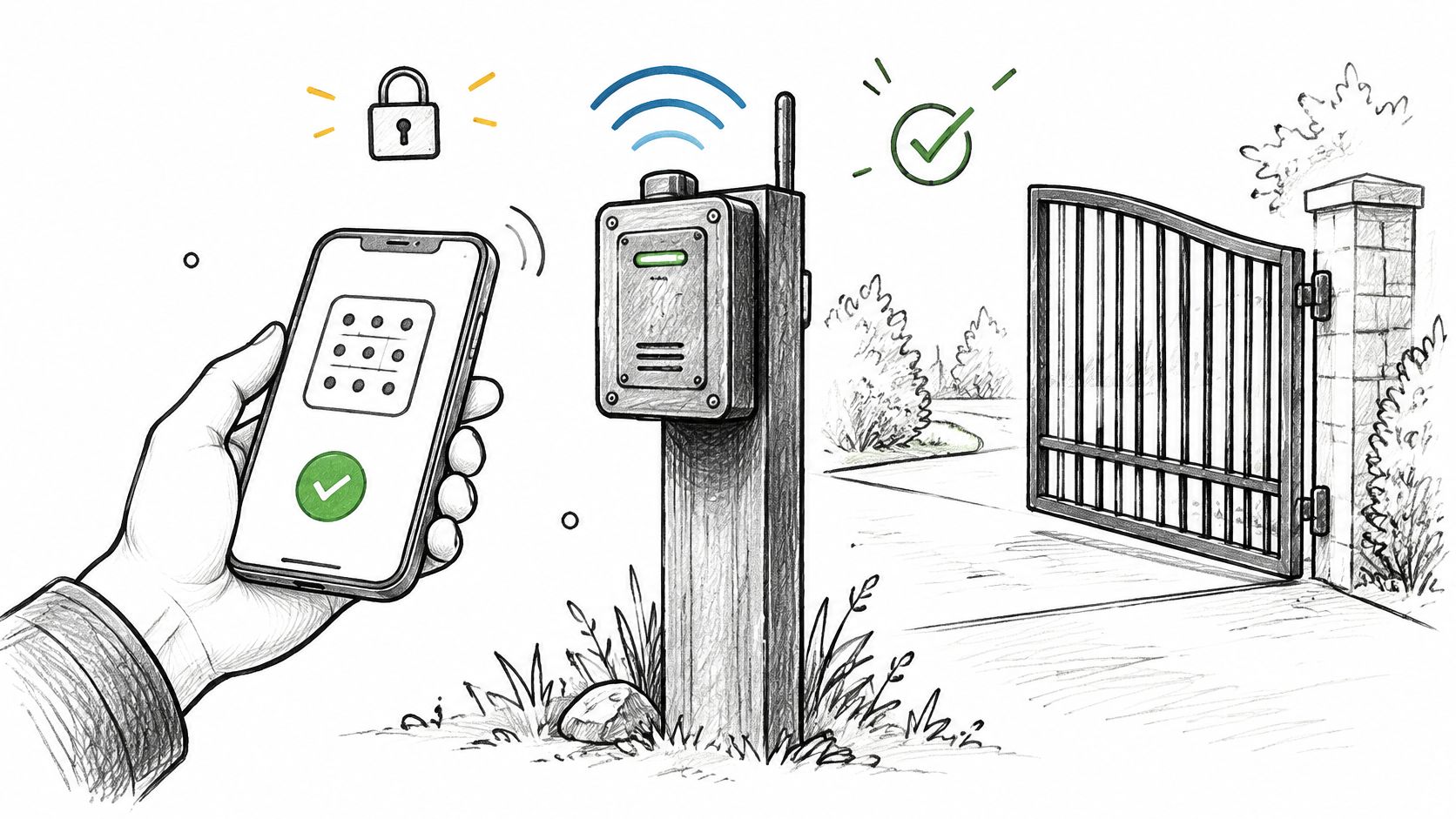 A hand holding a smartphone to wirelessly open a gate via a GSM controller device.