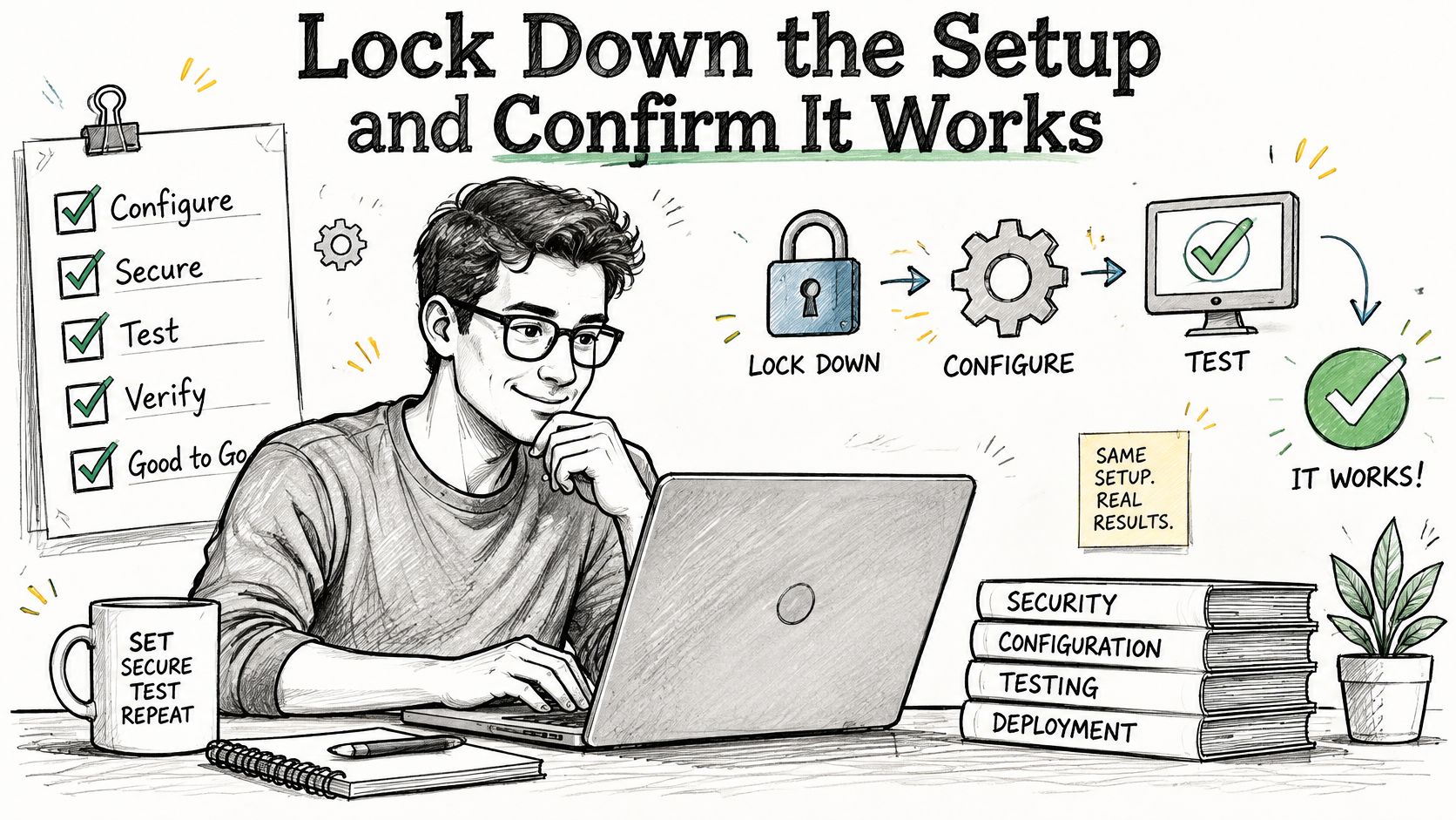 A digital illustration showing a man focused on a laptop with a process checklist and workflow icons.