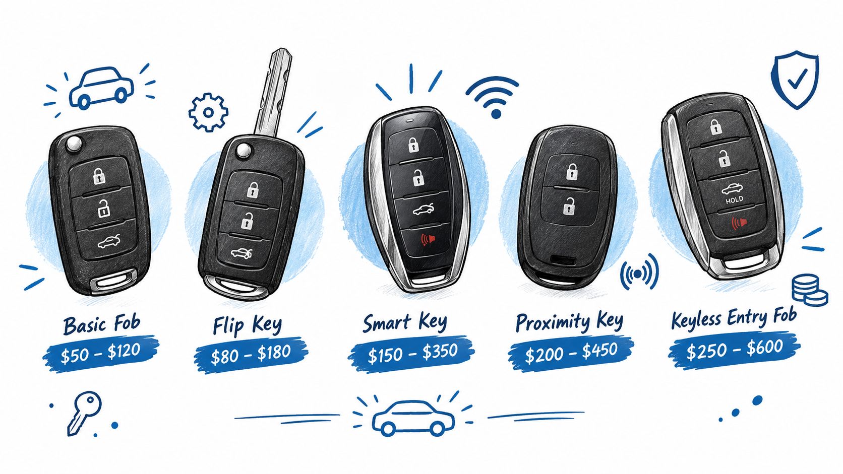 A visual guide illustrating the varying replacement costs for different types of car key fobs and entry systems.