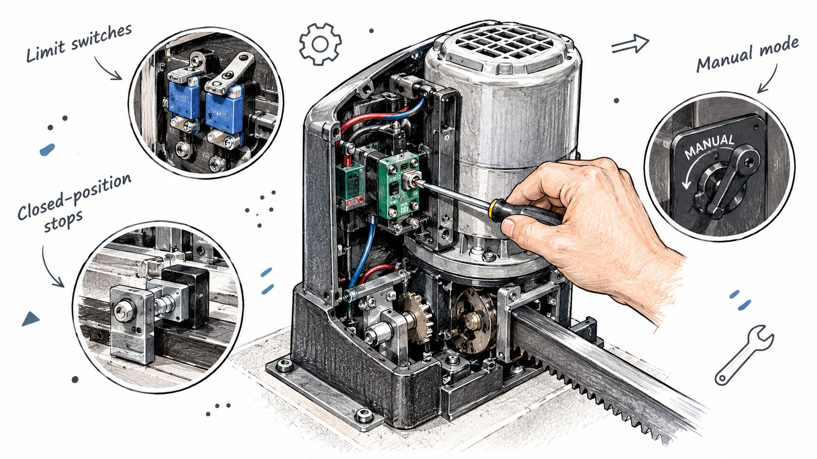 A hand using a screwdriver to adjust an automatic gate motor with labeled mechanical components.